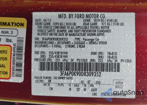 2013 Ford Fusion Titanium из США, поврежденный, VIN 3FA6P0K90DR309352